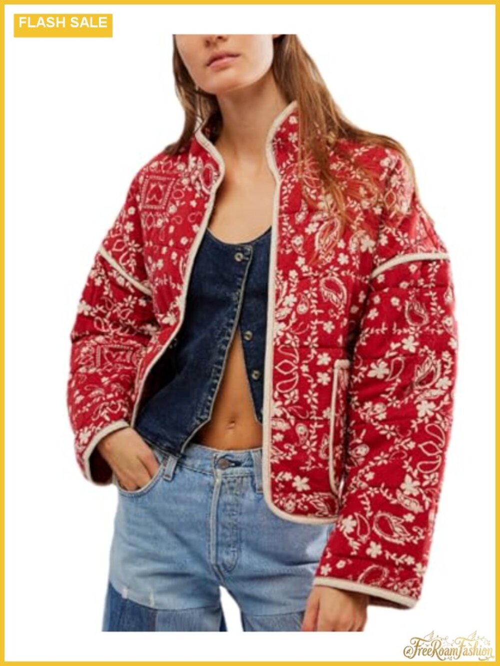 Women's Loose Floral Quilted Puffer Jacket Cropped Open Front Retro Coat
